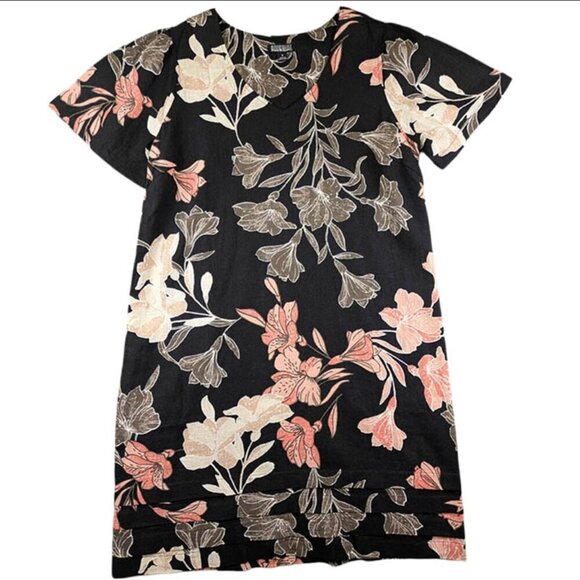 Nicole Miller Dress Womens S Black Linen Tiered Moody Floral Casual Chic Resort - Picture 1 of 11